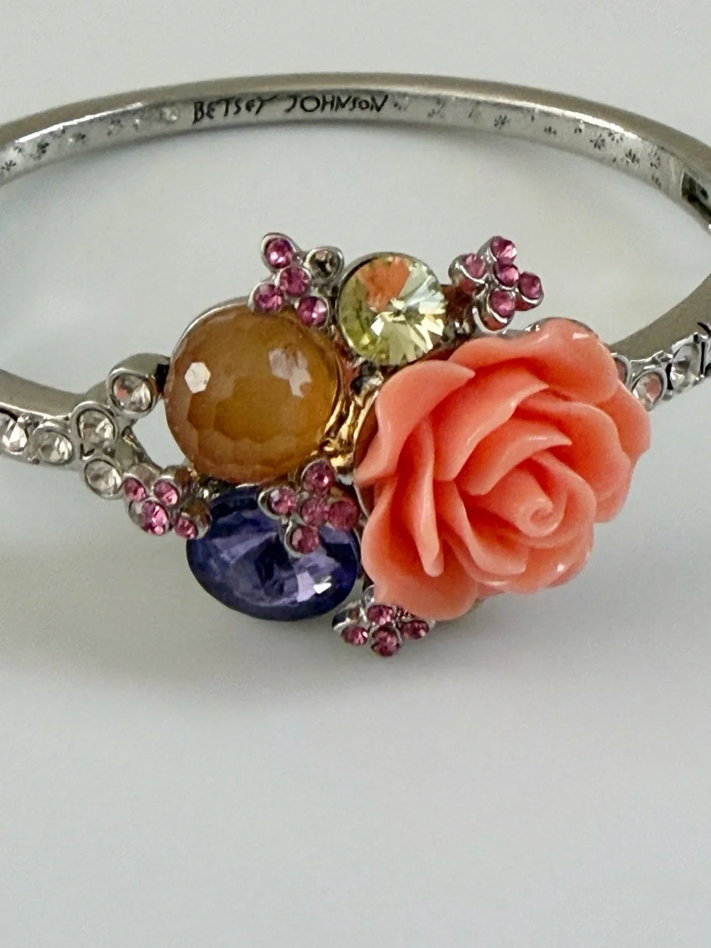Betsey Johnson Garden Flowers Rhinestone Silver Tone Hinge Bracelet NWT
